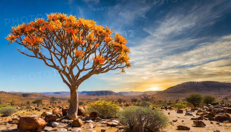 KI generated, Namibia, Namaqualand, blooming desert with camel thorn tree, Africa