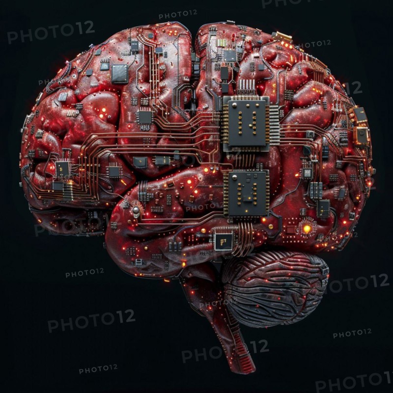 Medical a human head with brain and computer chip, symbol image KI in the human brain, ai generated, AI generated