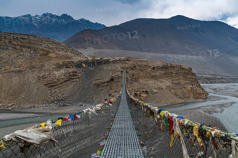 Huge hanging bridge across the Kali Gandaki river, Kingdom of Mustang, Nepal, Asia