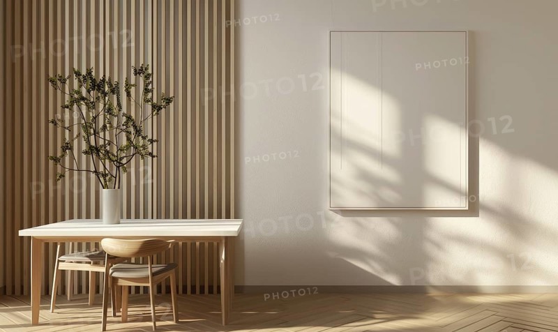 Elegant dining space with a modern wooden table, flowers in vase, and a minimalist empty frame on the wall AI generated