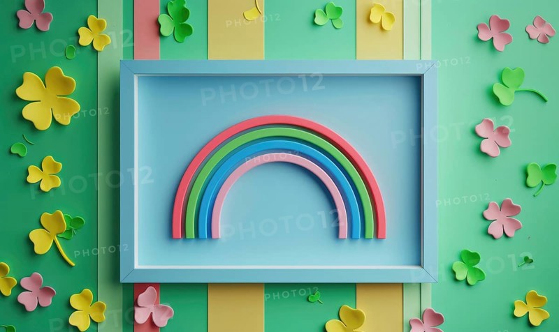 Paper art style with vibrant colors featuring a rainbow and clovers in a frame AI generated