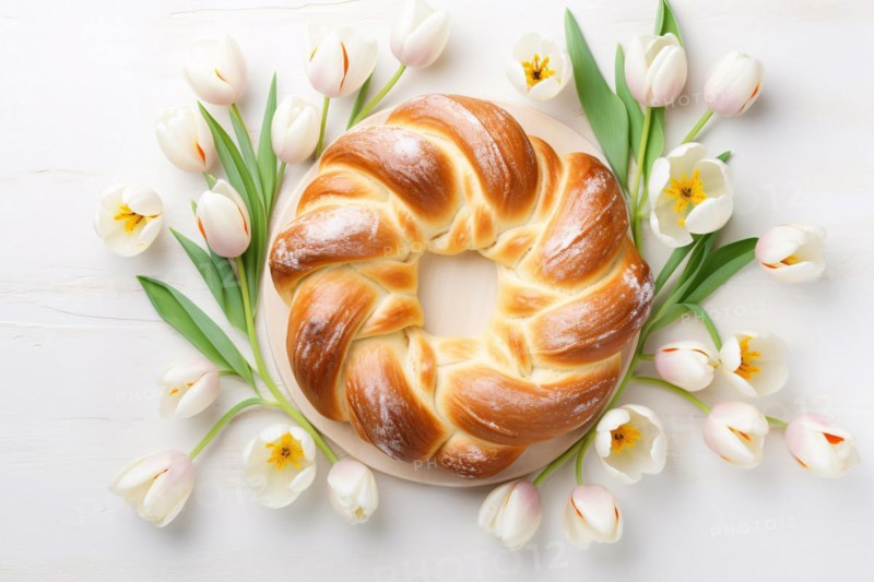 Top view of Italian Easter bread surrounded by white Tulip spring flowers. KI generiert, generiert AI generated