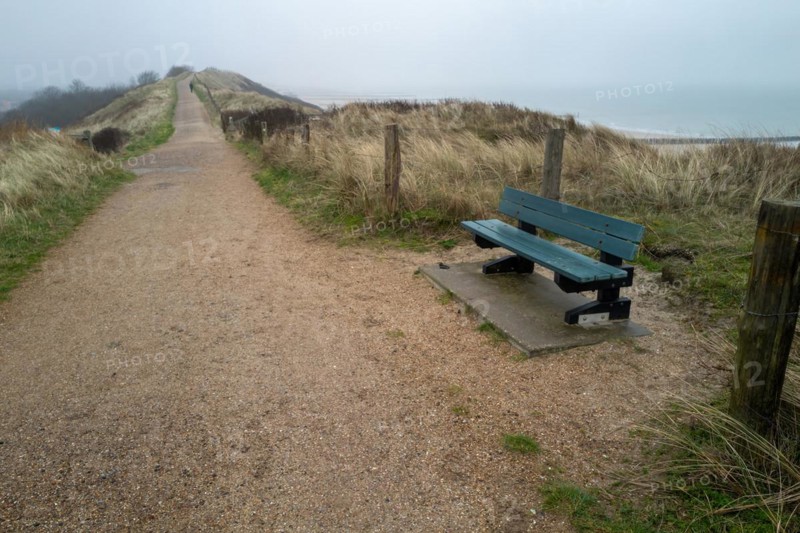 An empty bench on a path with a view of the dunes under a cloudy sky