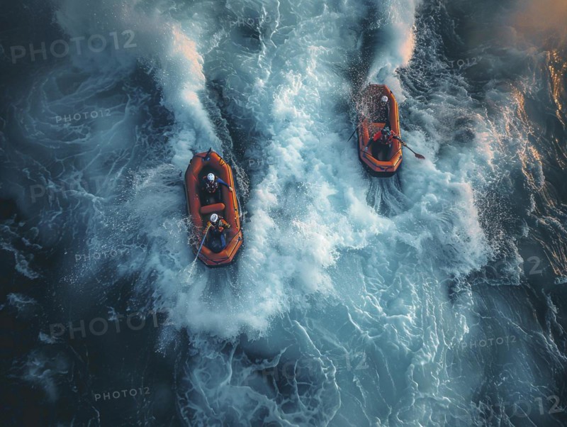 Whitewater riders ride boats through rapids, AI generated