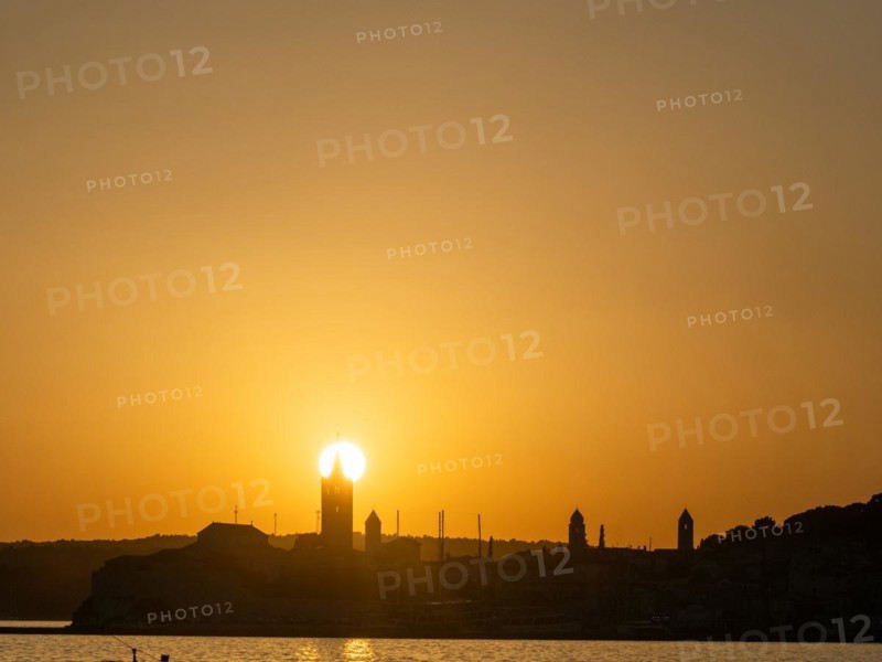 Sunset, silhouette of the church towers of Rab, town of Rab, island of Rab, Kvarner Gulf Bay, Croatia, Europe