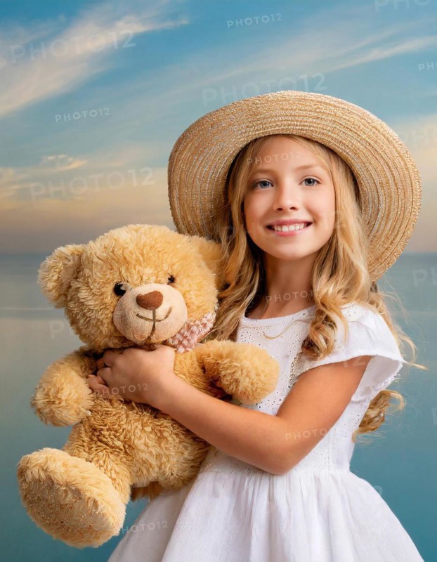 Ai generated, A blonde girl, 8 years old, enjoys the summer in a meadow with lots of flowers and is happy about her teddy bear, mascot