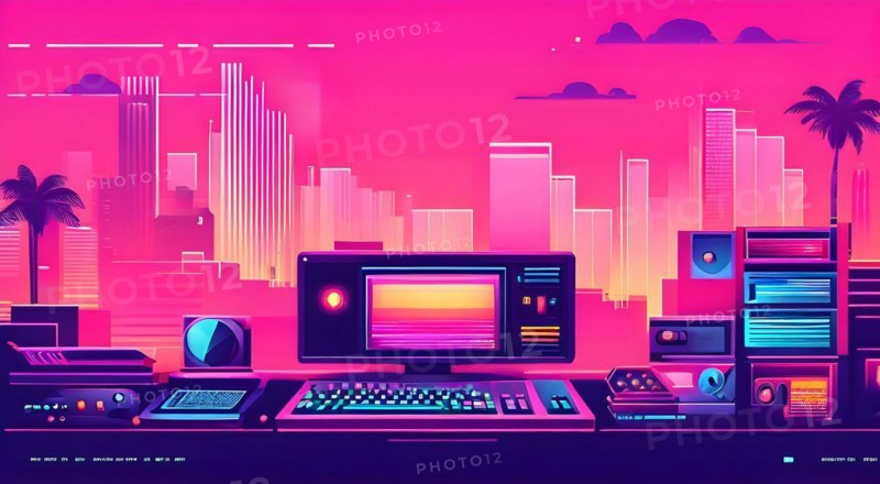 Website header blending retro pixel style elements and modern graphics pixelated icons, AI generated