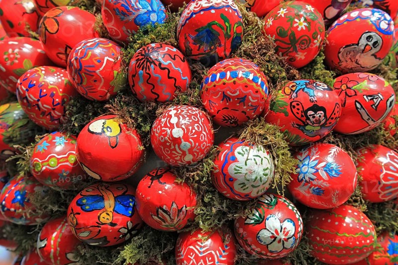 Detail of an Easter fountain in Franconian Switzerland, Bamberg district, Upper Franconia, Germany, many colourful blown-out and dyed eggs as decoration, Easter custom, Europe