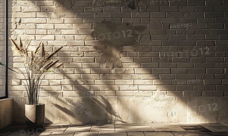 Morning light creates serene shadows on a brick wall with a simple vase as a focal point AI generated