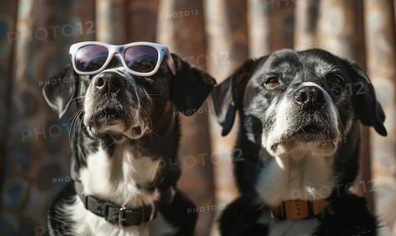 Two stylish dogs with sunglasses on, looking upwards in front of a sunlit curtain AI generated