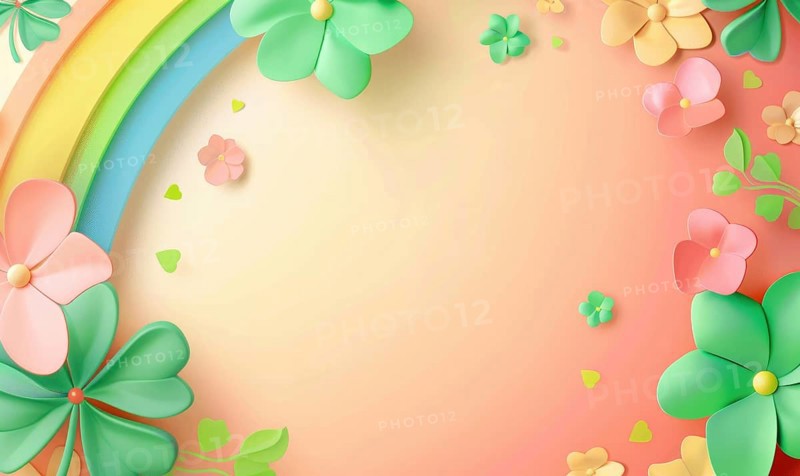 Soft pastel colored background with a gentle rainbow, clovers, and flowers AI generated