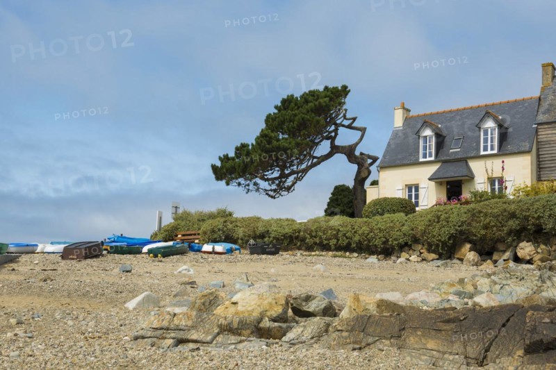 Houses on the beach, Plougrescant, Cote de Granit Rose, Cotes d'Armor, Brittany, France, Europe