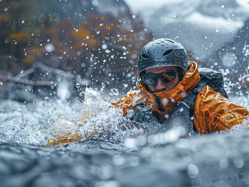 Whitewater riders ride boats through rapids, AI generated