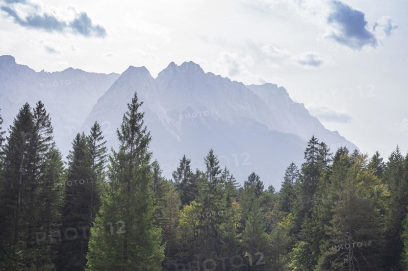 Wetterstein mountains with Zugspitze massif and forest in autumn, hiking trail Kramerplateauweg, Garmisch-Partenkirchen, Upper Bavaria, Bavaria, Germany, Europe