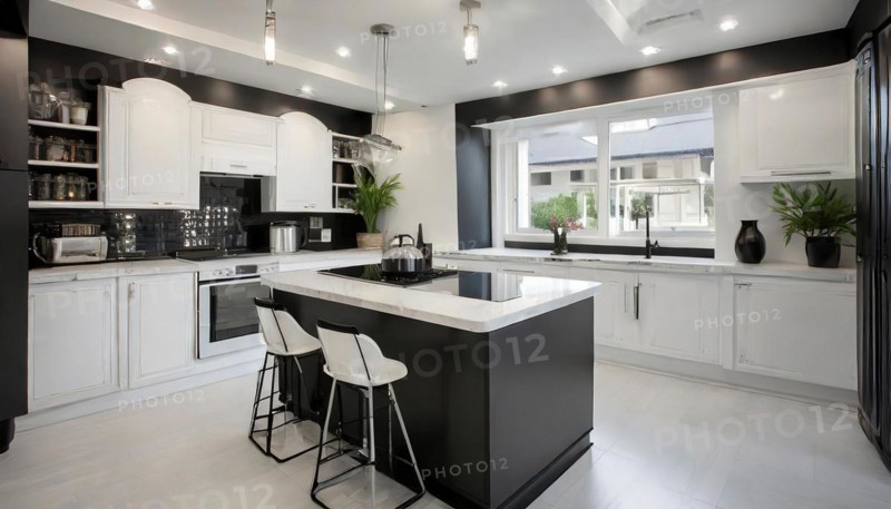 KI generated, A new black and white fitted kitchen has just been installed