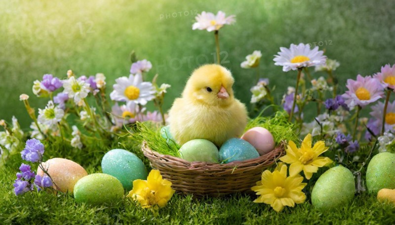 Ai generated, An Easter basket with coloured eggs in a meadow with colourful flowers, a chicken chick in the basket, symbolic image Easter, animal children
