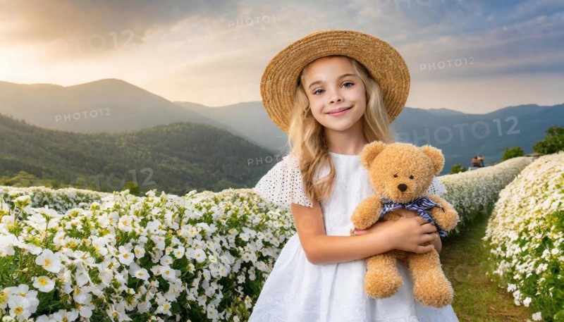 Ai generated, A blonde girl, 8 years old, enjoys the summer in a meadow with lots of flowers and is happy about her teddy bear, mascot