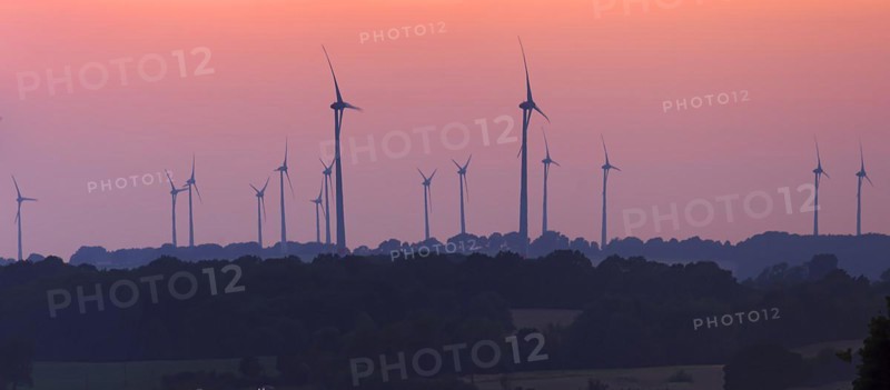 Wind turbines in the sunset, Schoenberg, Mecklenburg-Vorpommern, Germany, Europe