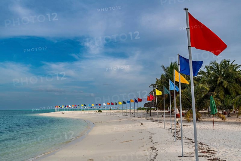 White sand beach with many flags, Bangaram island, Lakshadweep archipelago, Union territory of India