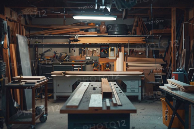 An organized and spacious woodworking shop full of professional tools and equipment, AI generated
