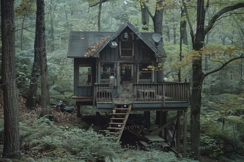 Quaint rustic cabin tucked away in the woods, featuring a balcony amongst the dense forest greenery, AI generated