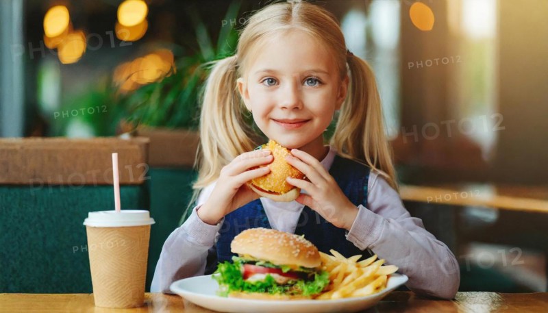 AI generated, A young girl, 10 years old, enjoys her burger, hamburger, fast food, restaurant