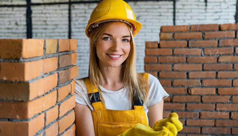 AI generated, A female bricklayer inspects a brick wall, 30, 35, years