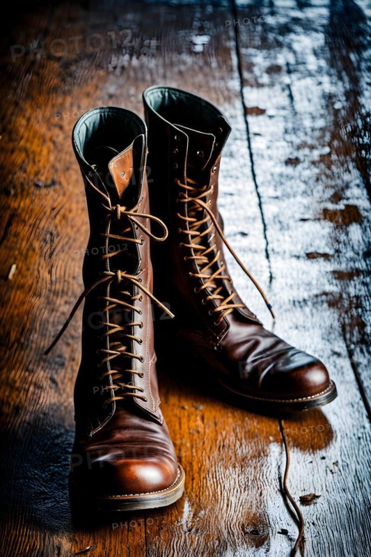 Well worn leather boots creased and scuffed narrative of adventure standing on expansive floor, AI generated