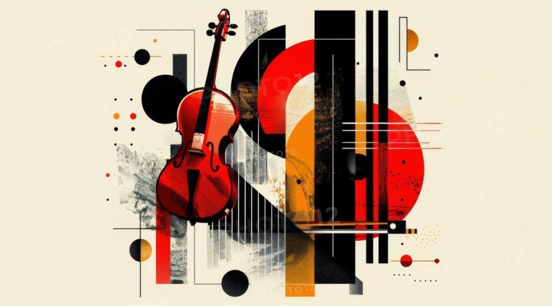 Abstract violin merged with geometric shapes in red, black, and beige tones, ai generated, AI generated