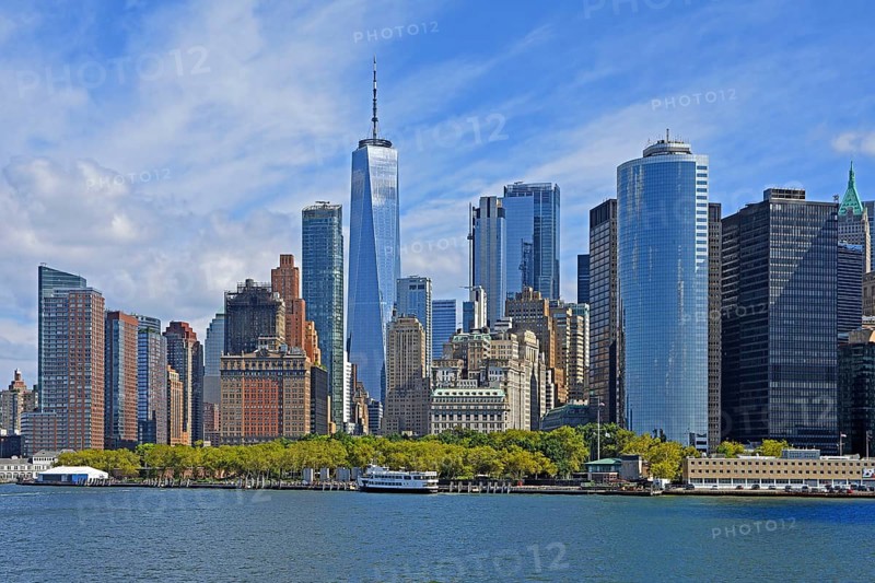 Skyline with skyscrapers in the Financial District, Battery Park in the foreground, One World Trade Centre or Freedom Tower, Hudson River, Lower Manhattan, New York City, New York, USA, North America
