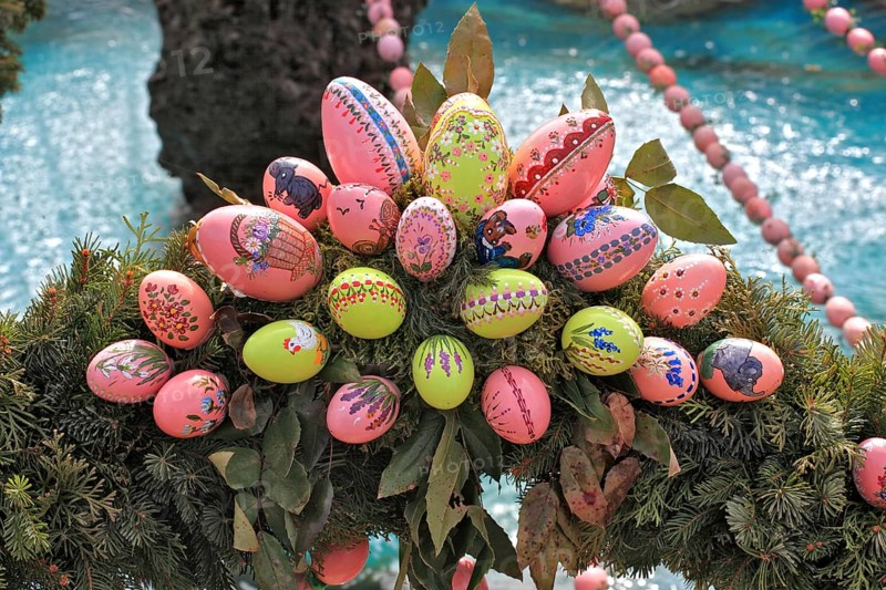 Detail of an Easter fountain in Franconian Switzerland, Bamberg district, Upper Franconia, Germany, many colourful blown-out and dyed eggs as decoration, Easter custom, Europe