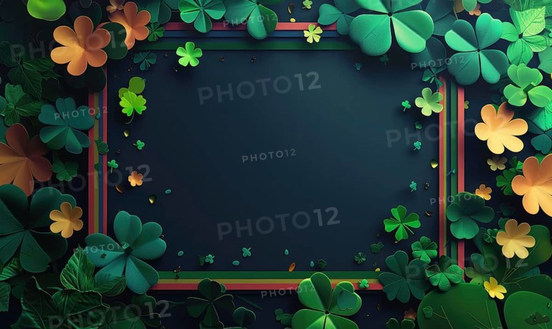 Rich green clovers bordering a slate-colored space glow elegantly against a dark background AI generated