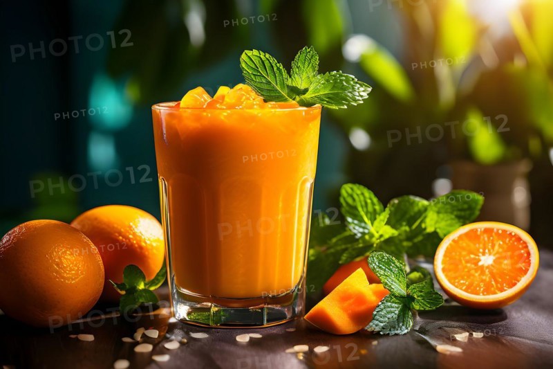 Bright orange mango and carrot smoothie garnished with mint leaf textures, AI generated