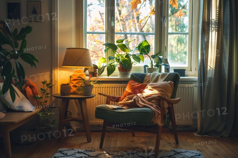A cozy reading nook with lush plants, warm lighting, and an inviting green armchair, AI generated