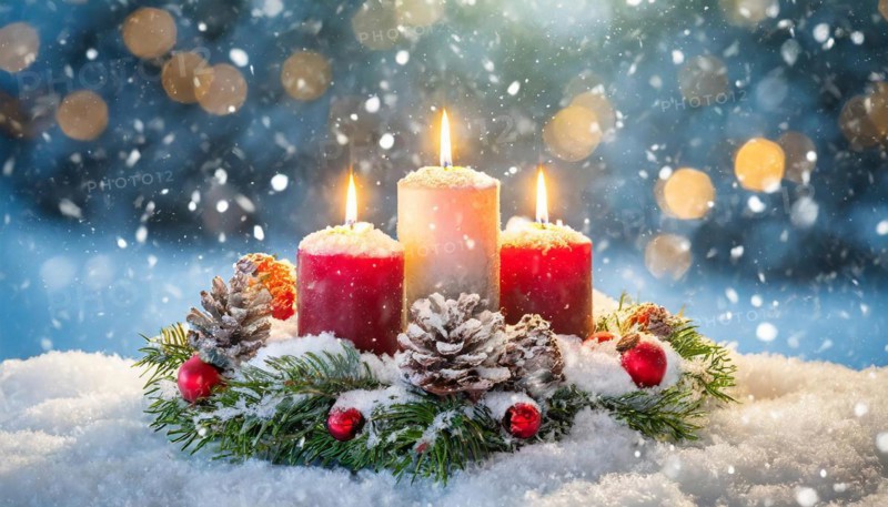 Ai generated, Advent wreath with burning candles, Christmas time, Christmas decoration, 3rd Advent, Third Advent