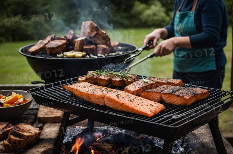 A chef grilling slabs of salmon on a smokey outdoor barbecue, AI generated