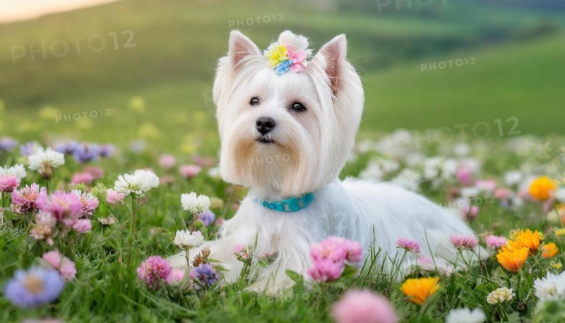 KI generated, A white Yorkshire Terrier lying in a flower meadow, (Canis lupus familiaris)