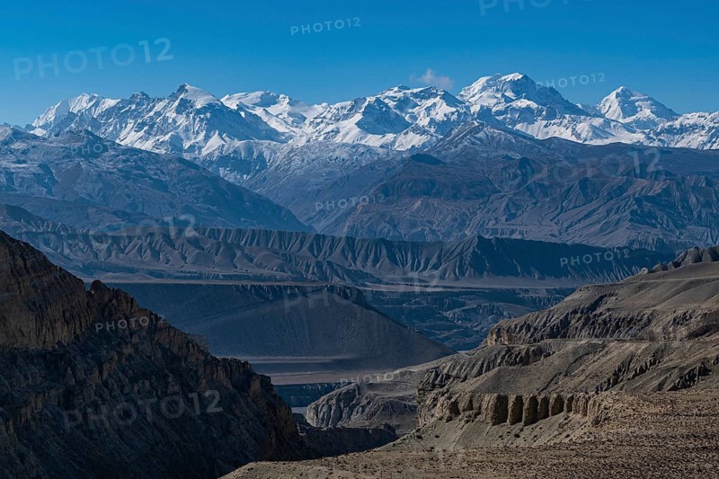 Desert landscape before the Annapurna mountain range, Kingdom of Mustang, Nepal, Asia