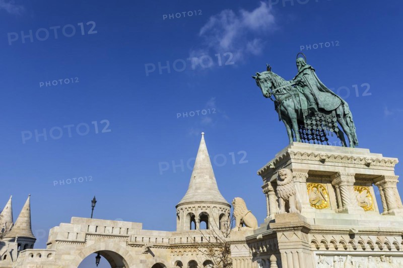 St Stephen in the Fisherman's Bastion, travel, city trip, tourism, Eastern Europe, architecture, building, monument, history, historical, attraction, sightseeing, horseman, equestrian monument, building, religion, capital, Budapest, Hungary, Europe