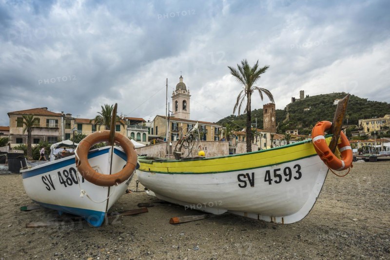 Fishing boats on the beach, Noli, Riviera di Ponente, Liguria, Italy, Europe