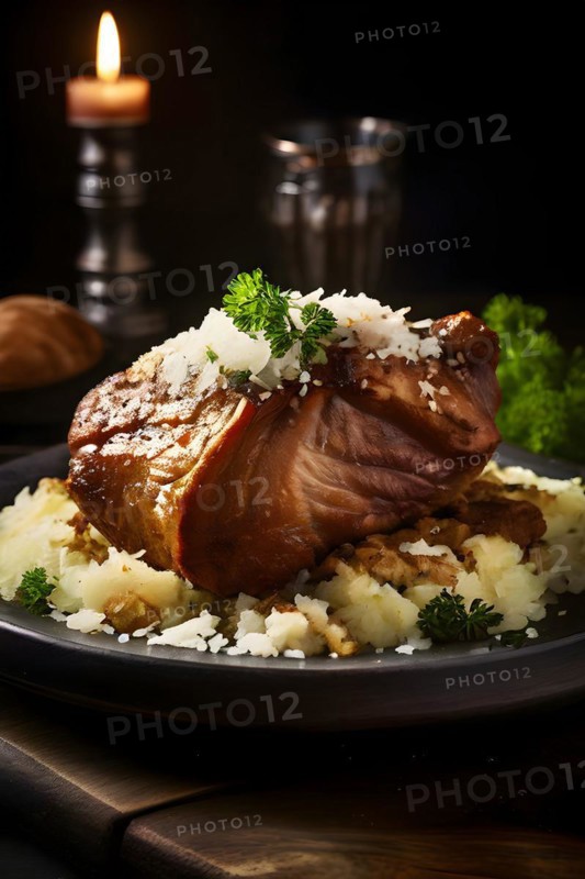 Ham hock with golden crispy skin sauerkraut, AI generated