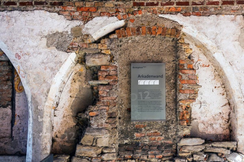Brick-filled blind arcade wall with remains of painting, 15th century, Kempten, Allgaeu, Bavaria, Germany, Europe