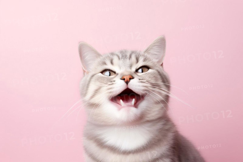 Meowing cat with open mouth on pink background. KI generiert, generiert AI generated