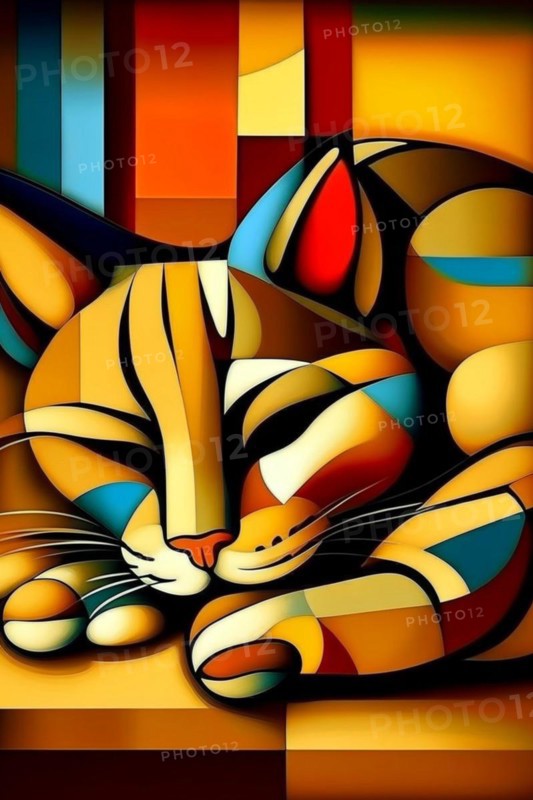 An abstract, cubist-style colorful depiction of a sleeping cat, vertical aspect, AI generated