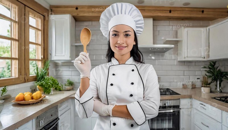 AI generated, An attractive blonde chef in the kitchen of a hotel