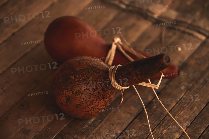 Dry Chinese bottle gourd as traditional water container, hill tribe market, Northern Thailand