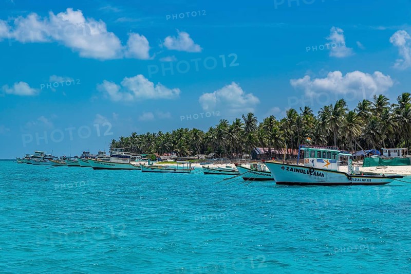 Little boats before a palm fringed white sand beach, Agatti Island, Lakshadweep archipelago, Union territory of India