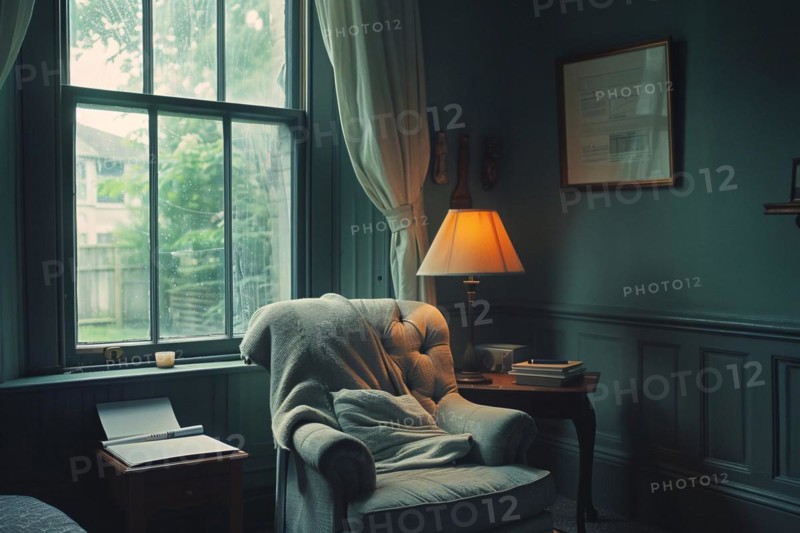 A cozy corner with a vintage chair and lamp by the window, teal walls surrounding the serene setting, AI generated