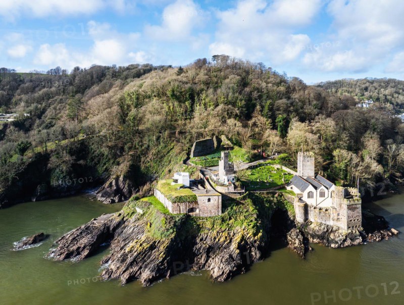 Dartmouth Castle over River Dart from a drone, Dartmouth, Kingswear, Devon, England, United Kingdom, Europe