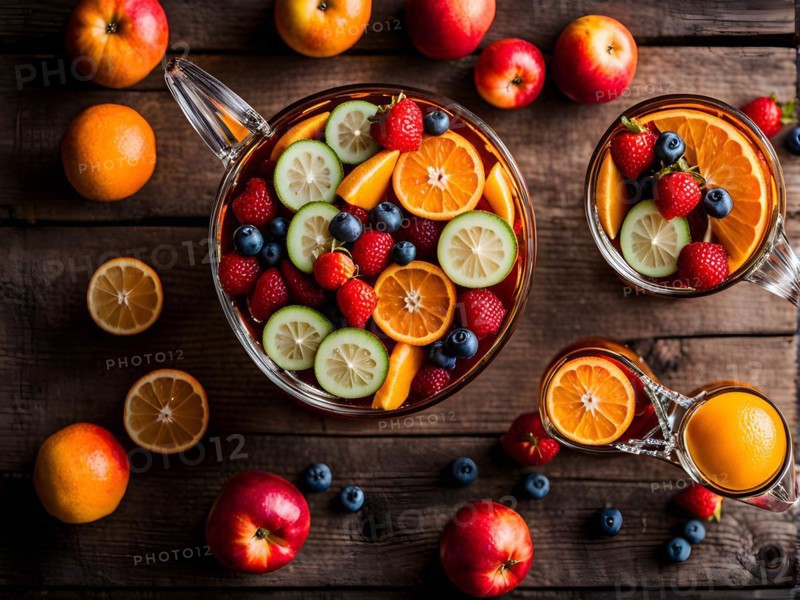 Homemade sangria pitcher brimming with sliced oranges lemons and apples, AI generated